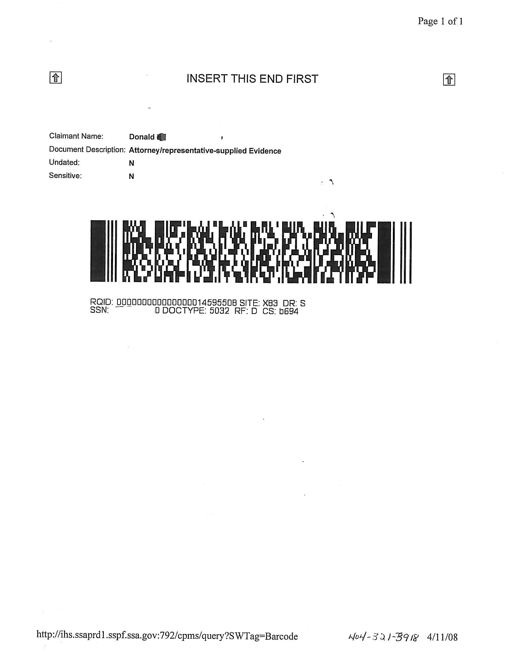 Social Security Evidence Must be Submitted With Bar Code Cover Sheet