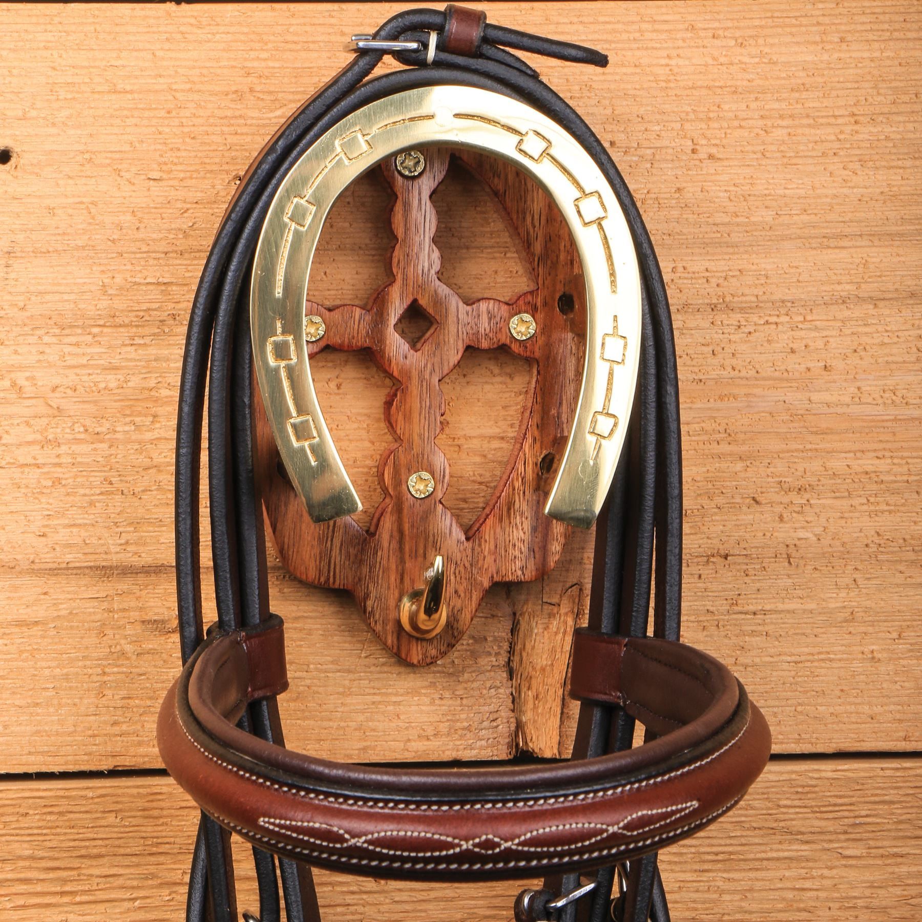 Brass & Wood Fancy Horseshoe Bridle Rack Schneiders Saddlery