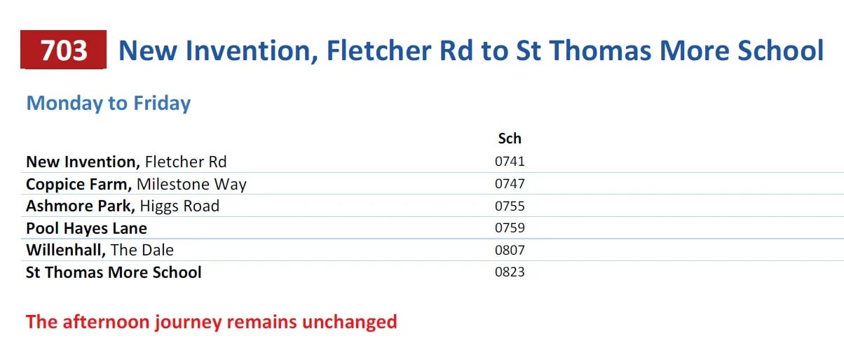 Change to 703 bus times St Thomas More Catholic School