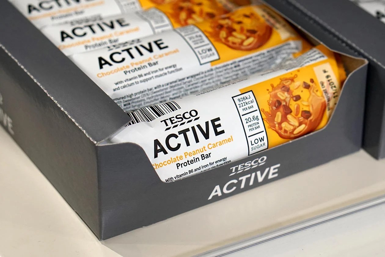 Tesco Active line featuring a £9 bag of protein powder and a £1.30 bar