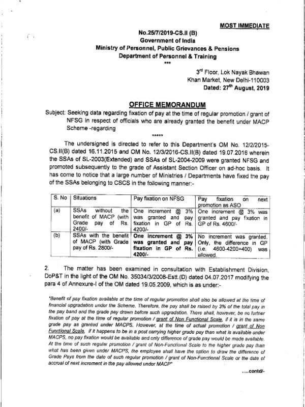 Fixation of pay at the time of regular promotion/NFSG i.r.o. officials