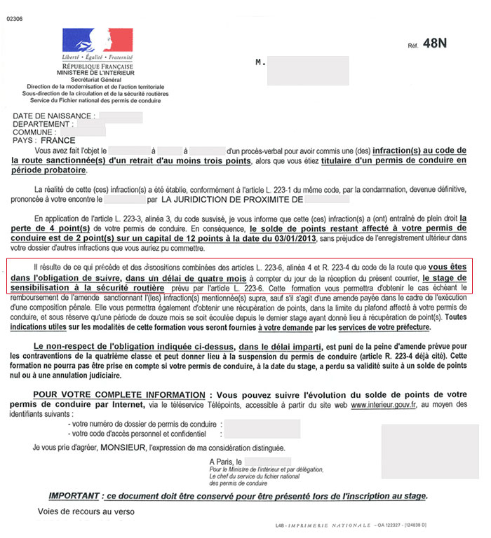 Recuperation de points obligatoire perte de points