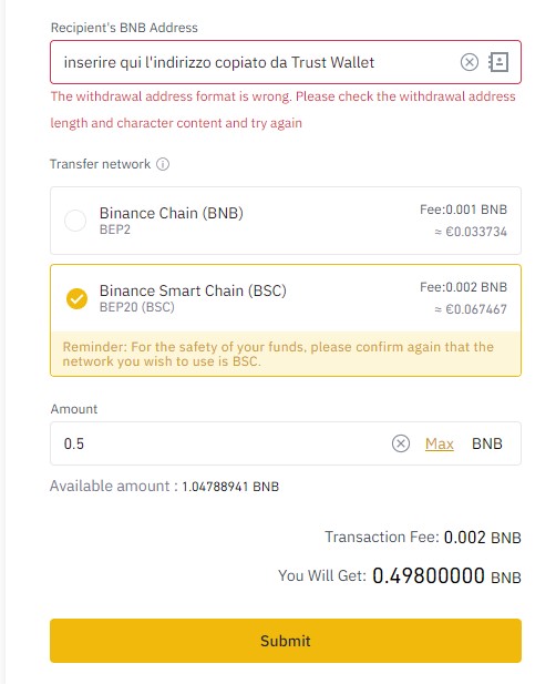 Trust Wallet risolvere problema "Insufficient BNB to cover network fee