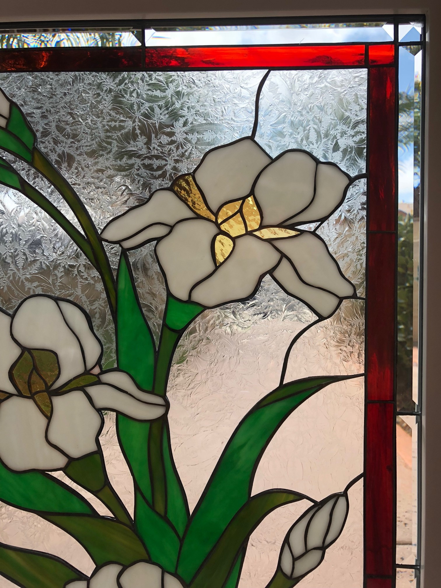 Lovely Iris Leaded Stained Glass Window ( Insulated and preinstalled