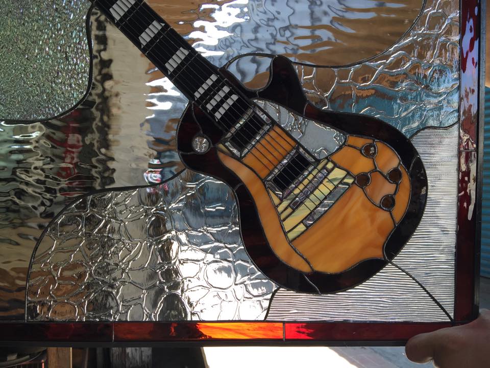 Les Paul Electric Guitar Leaded Stained Glass Window Panel or