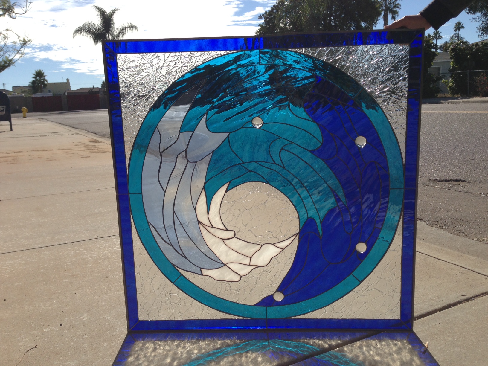 Beautiful Cresting Blue Wave Leaded Stained Glass Window Panel