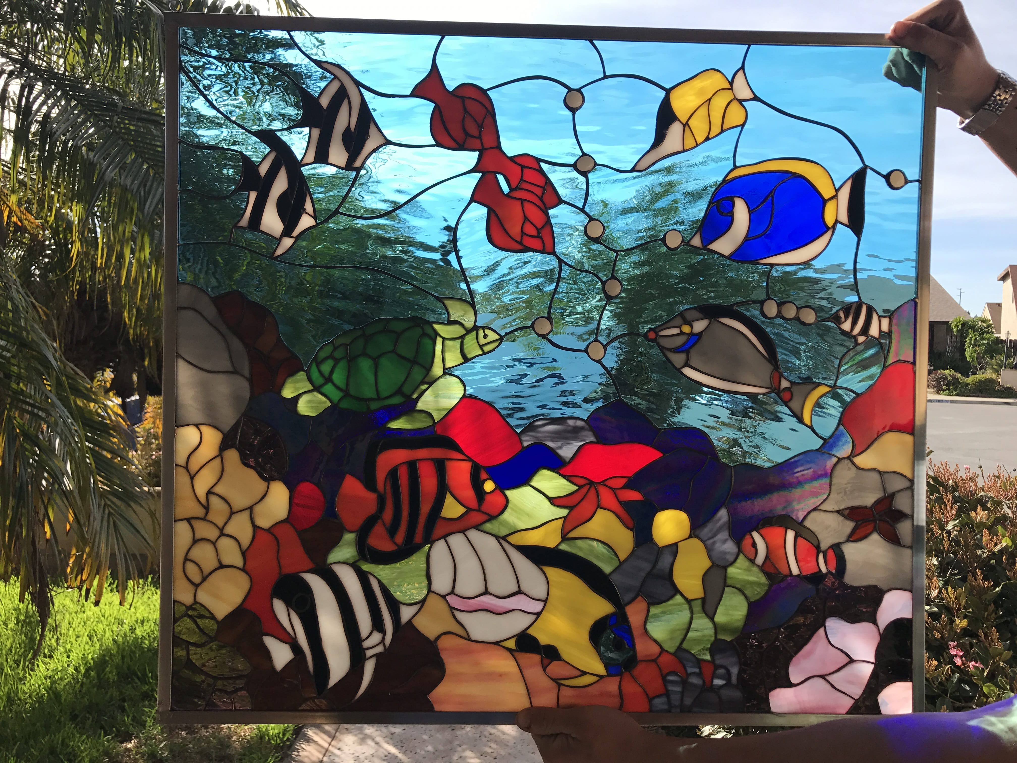 The "Fishtank" Colorful Sea Coral, Clownfish & Turtle Leaded Stained