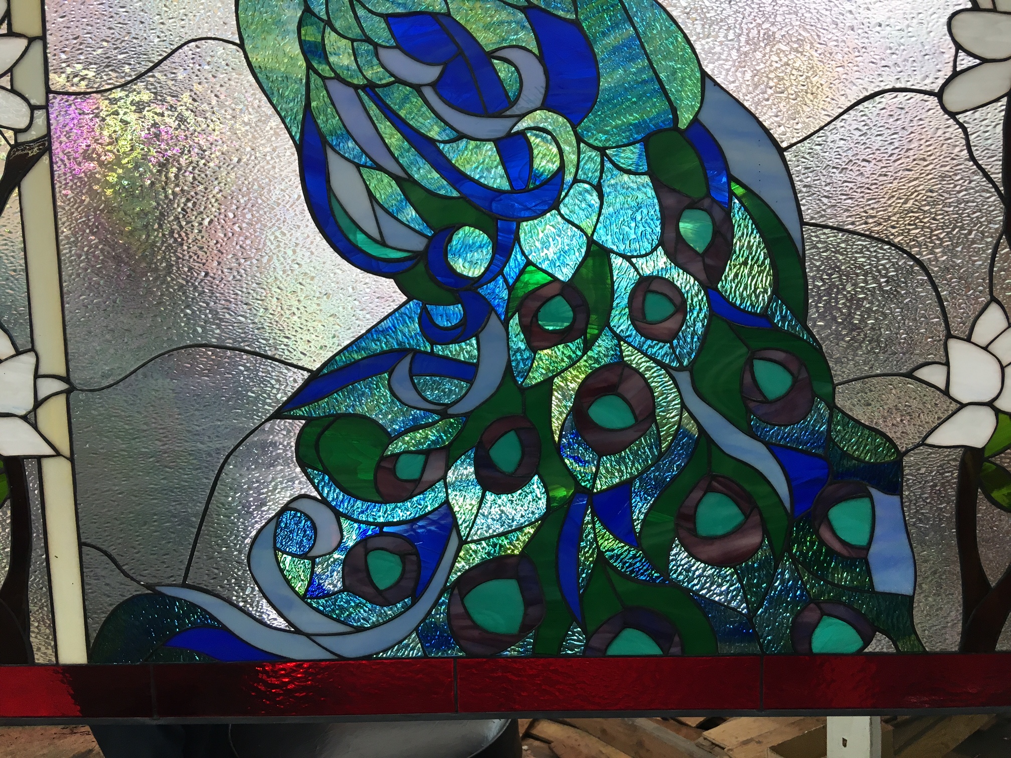 Magnificent Peacock & Magnolia flowers Leaded stained glass window