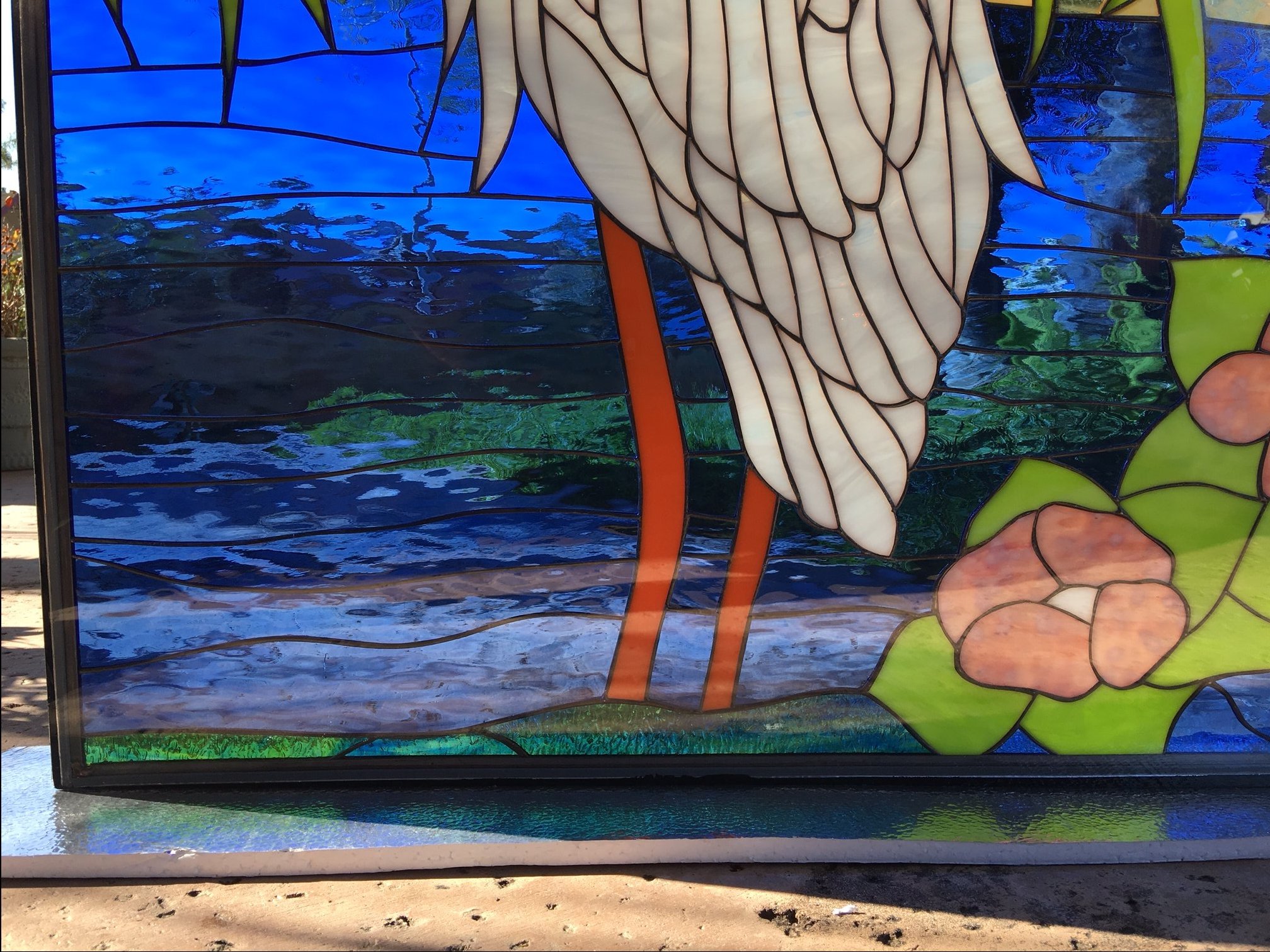Triple glazed! Large White Egret/Heron & Pond Leaded Stained Glass