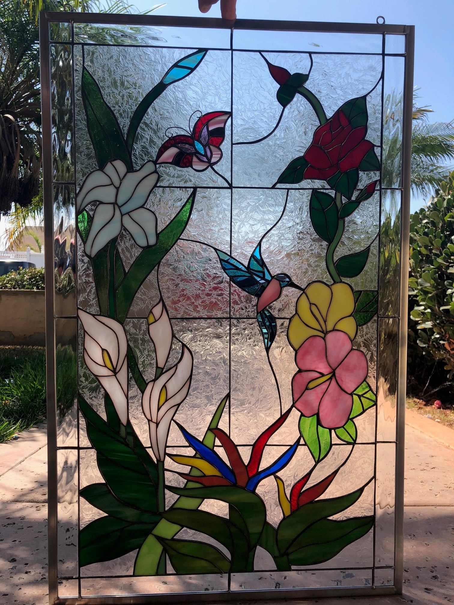 Elegant! Hummingbird, Butterfly & Flowers Leaded Stained Glass Window