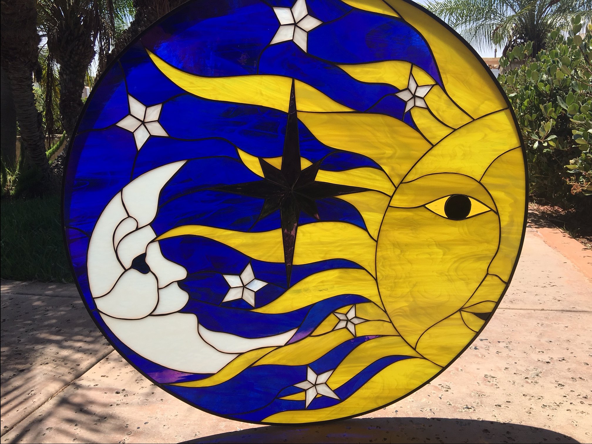 So pretty! Crescent Moon, Sun & Stars "Leaded Stained Glass Window