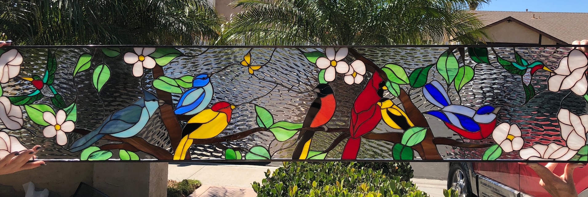 Colorful! Bird Gathering 2 Transom Stained Glass Window
