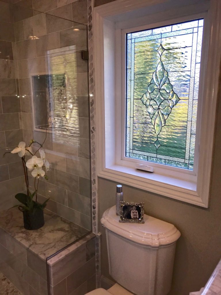 Stunning All Clear Beveled Window Installed In Bathroom For Privacy