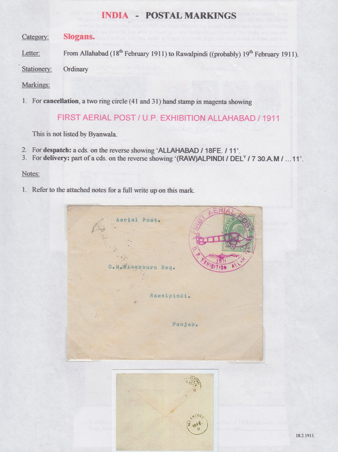 India Airmail 1911 AllahabadNaini Aerial cover to Rawalpindi bearing