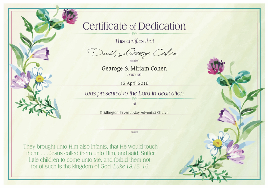 Dedication Certificates Stanborough Press