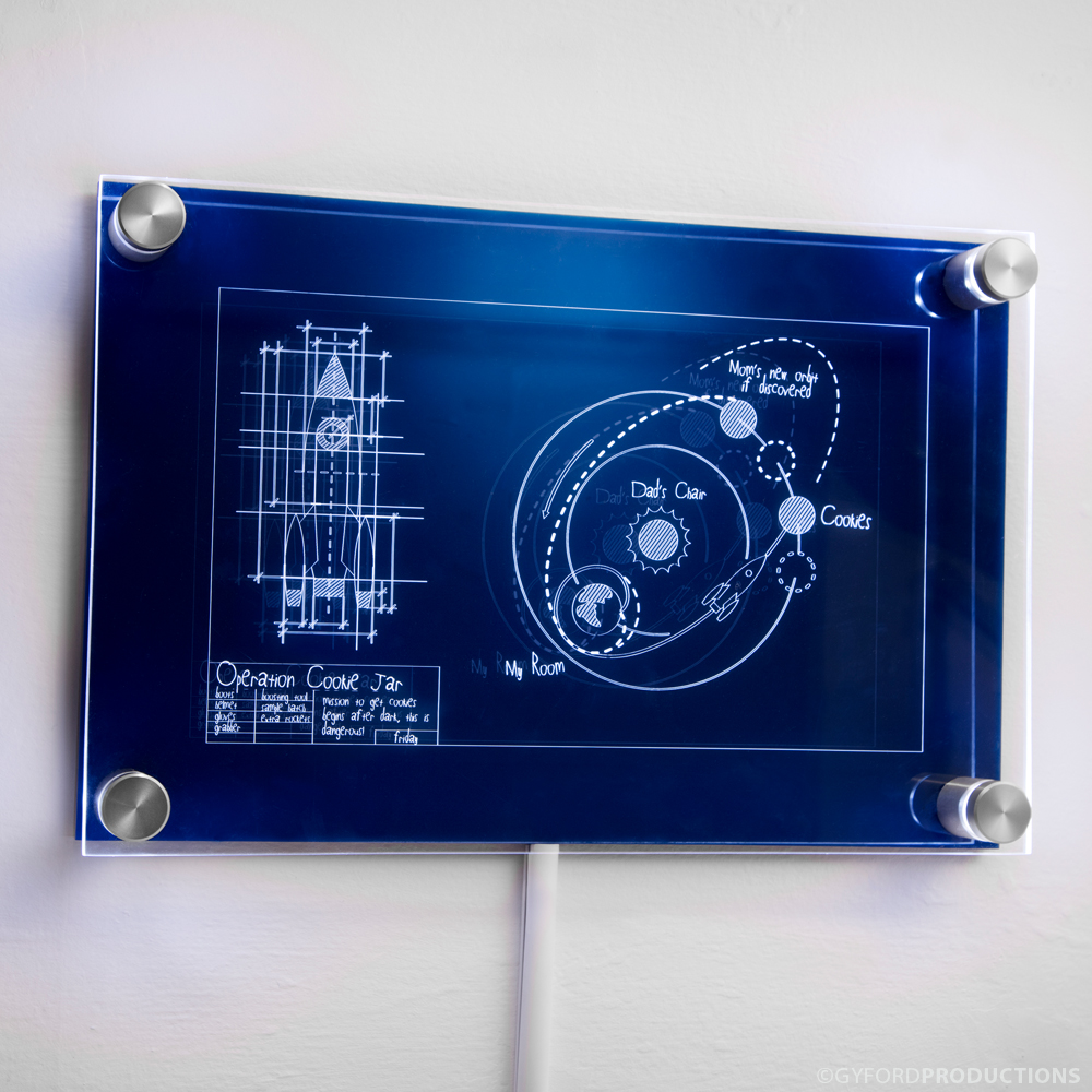 Standoff LEDs illuminated laser etched art onto cast acrylic Gyford Standoff Systems