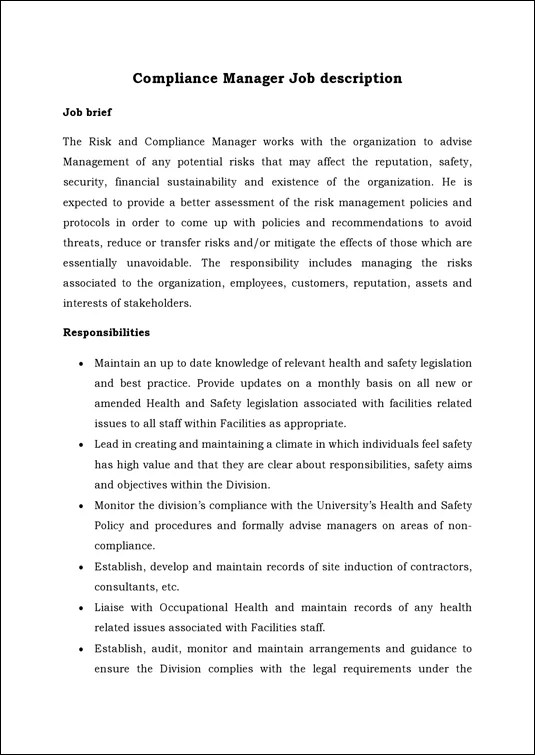 Compliance Manager Job Description Download PDF Word