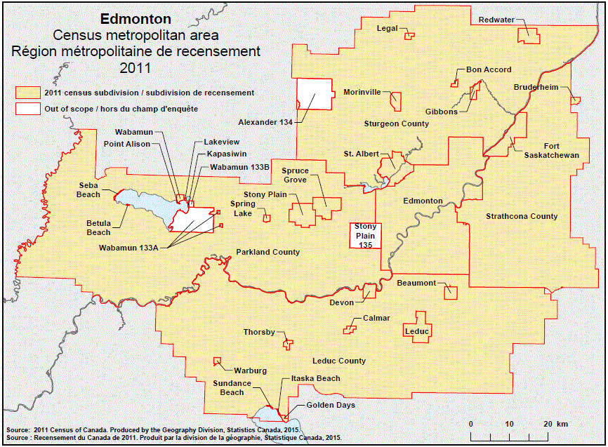 Geographical map of the 2011 Census metropolitan area of Edmonton, Alberta