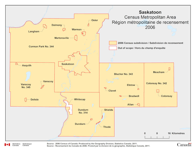 Geographical map of 2006 Census Metropolitan Area of Saskatoon