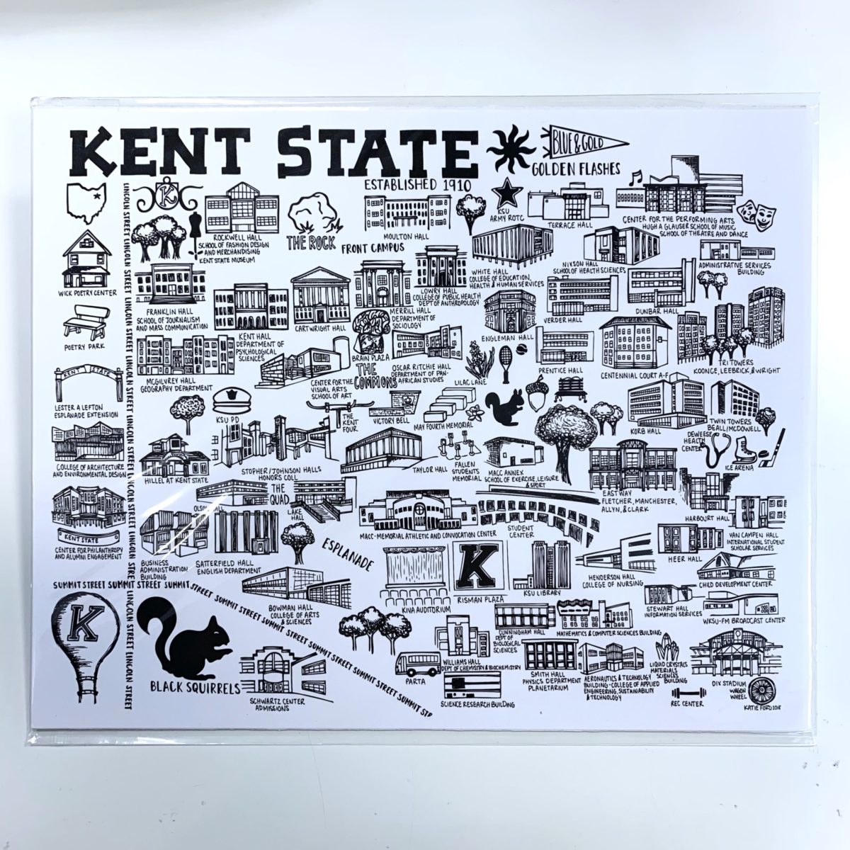 Hand Illustrated Kent Ohio Map State & 3rd