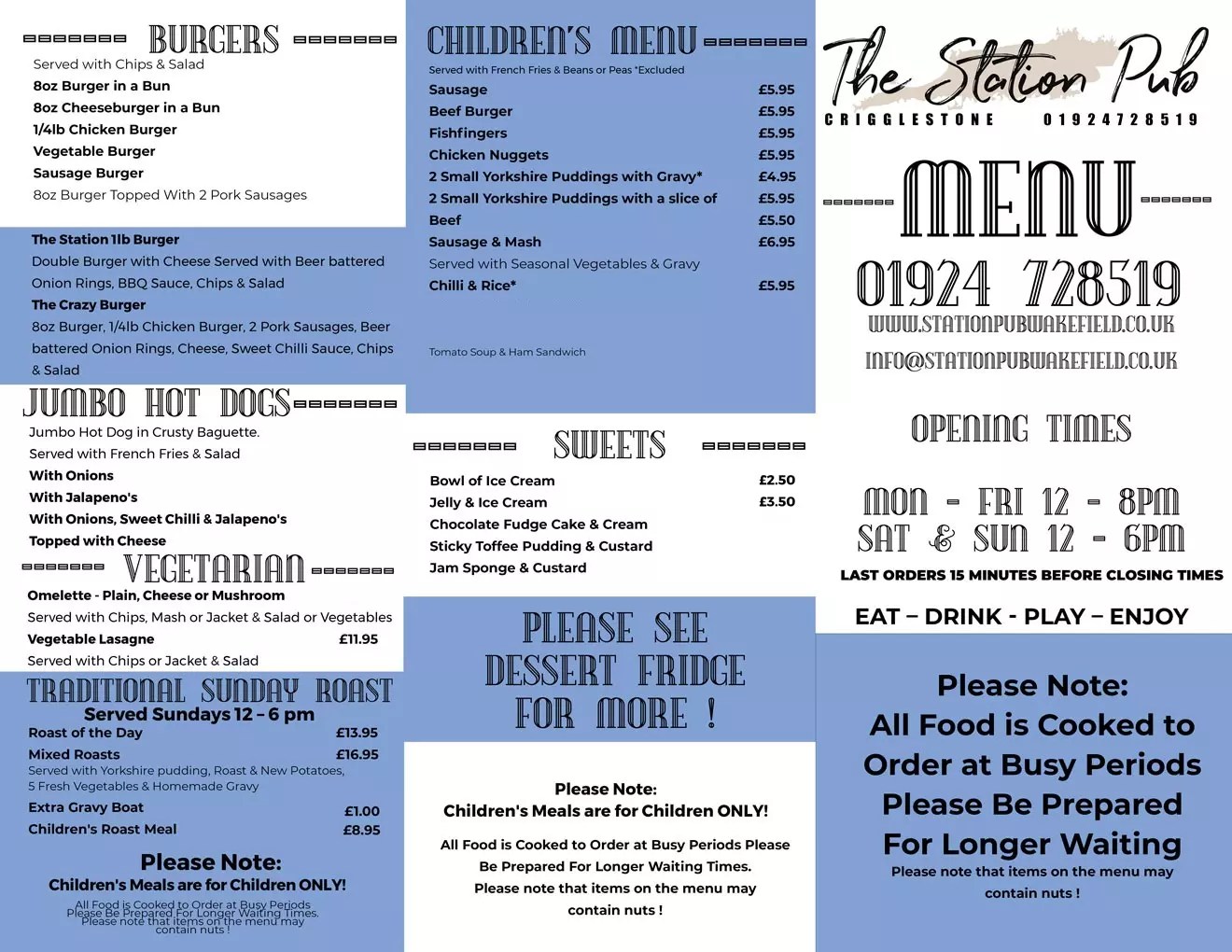 Homecooked Food Menu Station Pub Crigglestone Wakefield Sunday Dinners