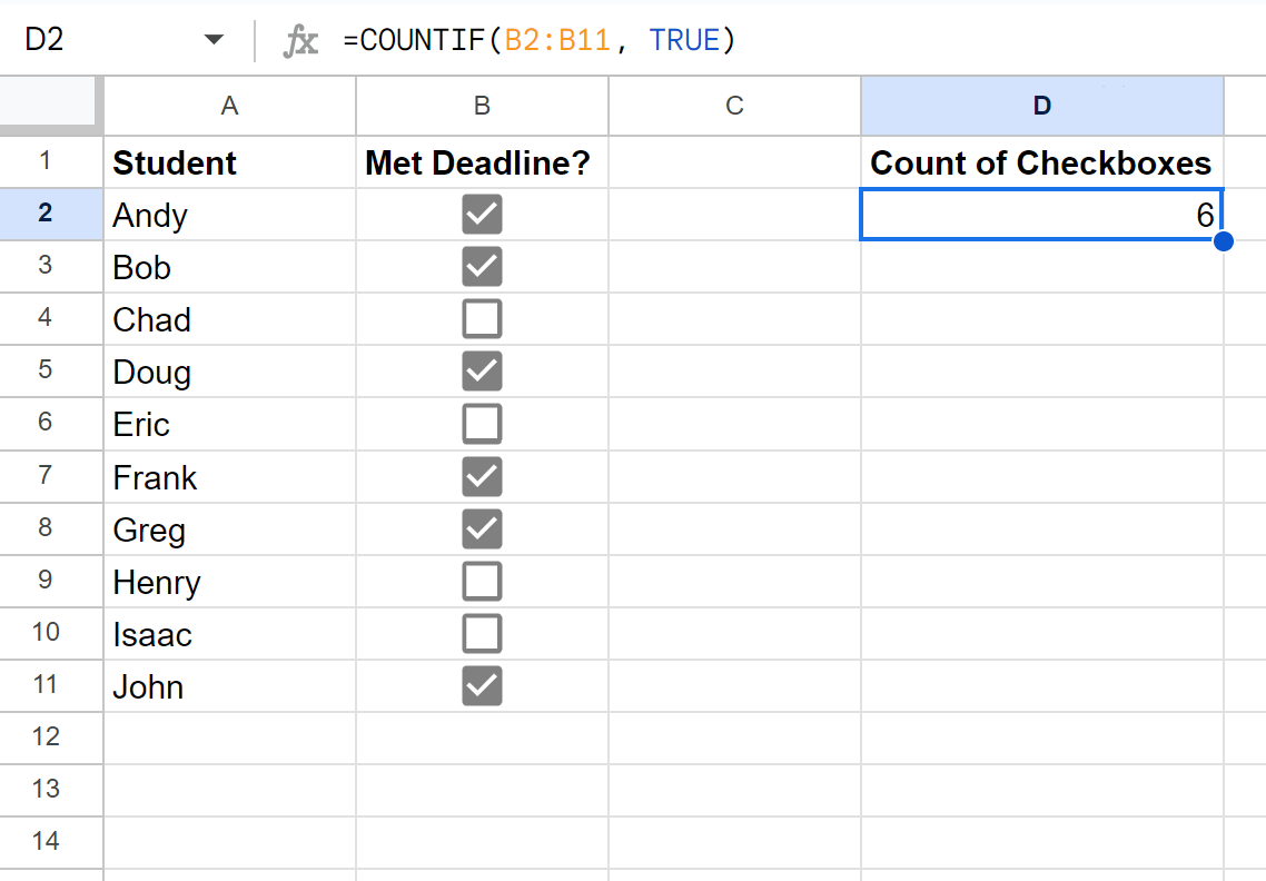 How to Count Checkboxes in Google Sheets (With Example)