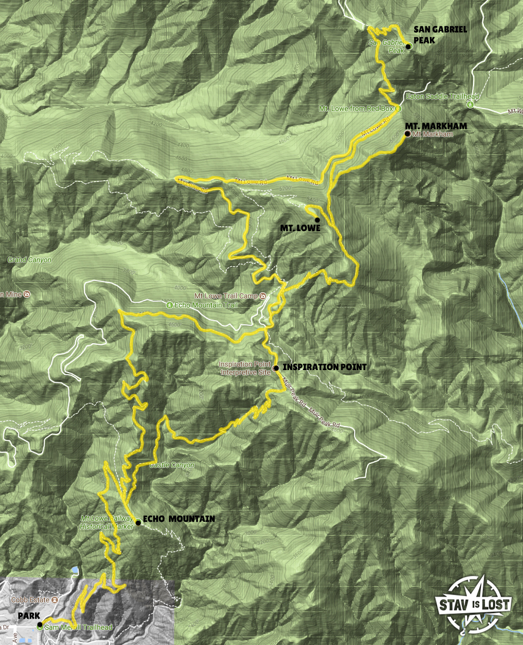 Hiking Map for Mount Lowe, Mount Markham, San Gabriel Peak via Sam Merrill Trail