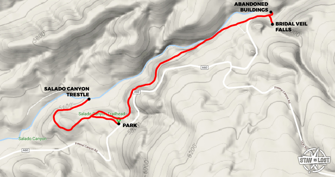 Hiking Map for Salado Canyon Trestle and Bridal Veil Falls