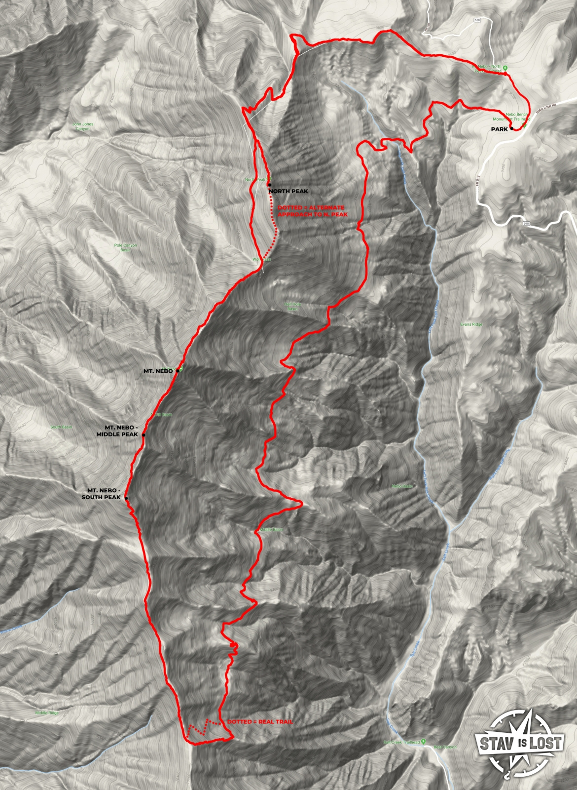 Hiking Map for Mount Nebo Traverse via Nebo Bench Trail