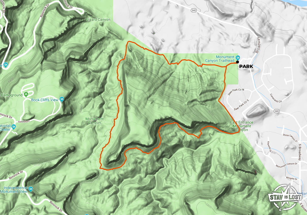 Hiking Map for Wedding Canyon and Monument Canyon Loop