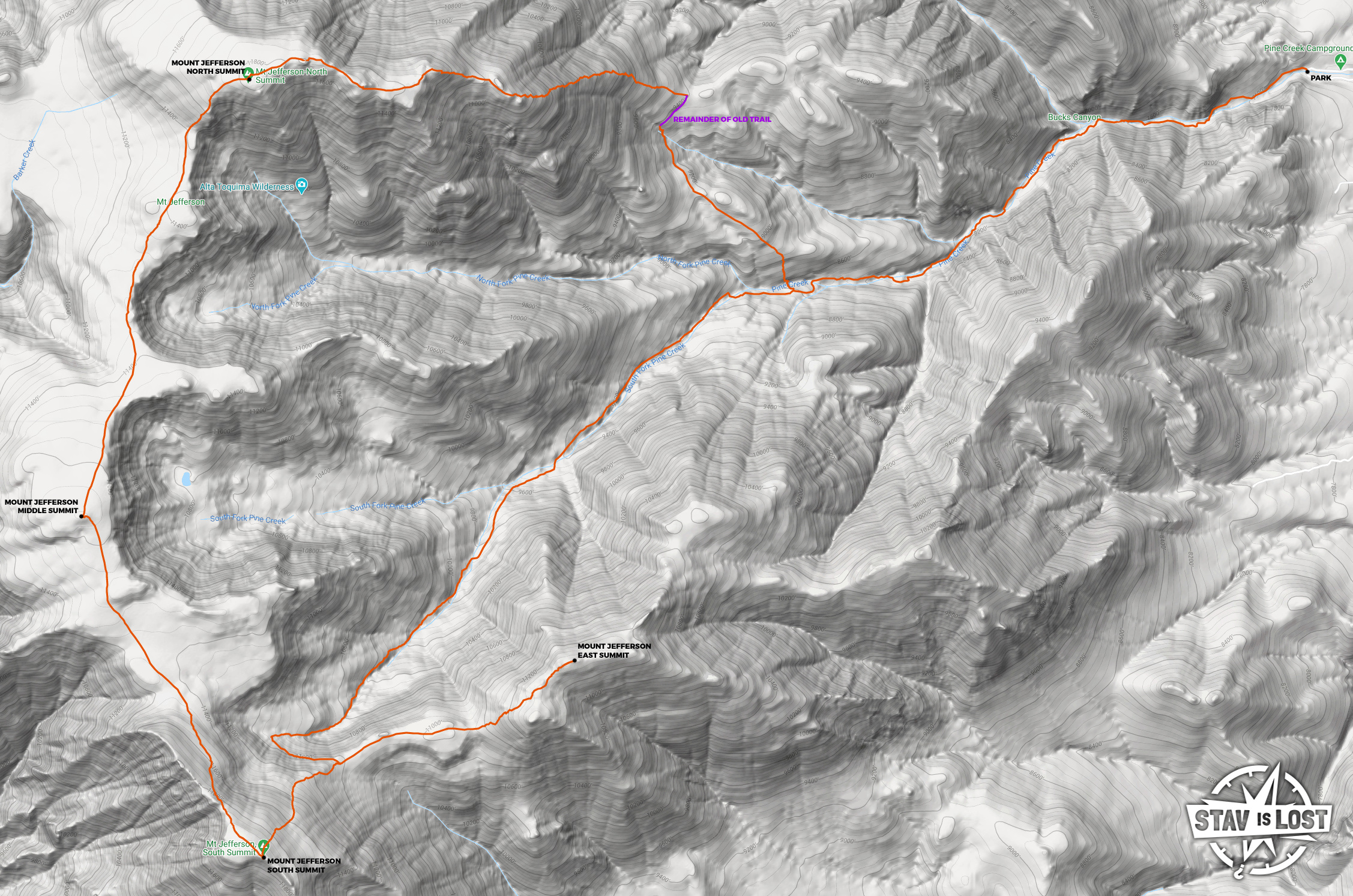 Hiking Map for Mount Jefferson via Pine Creek Loop