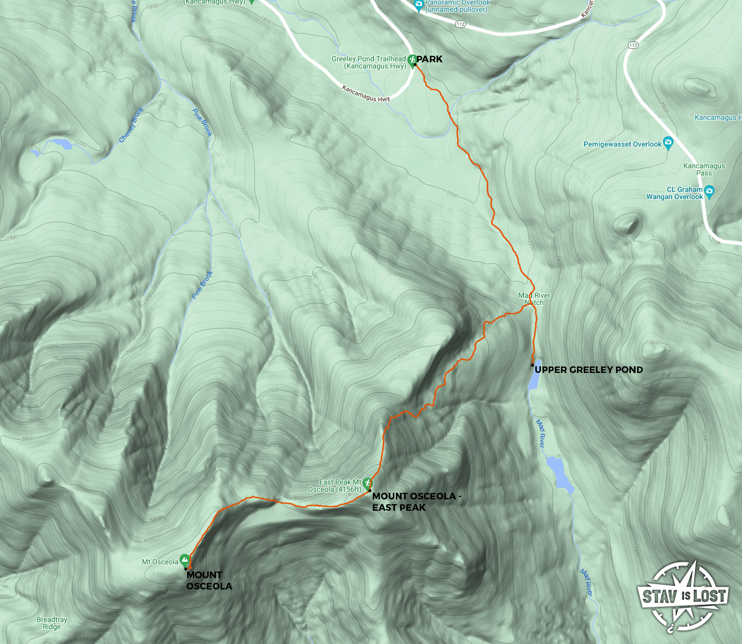Hiking Map for Mount Osceola via Greeley Ponds Trail