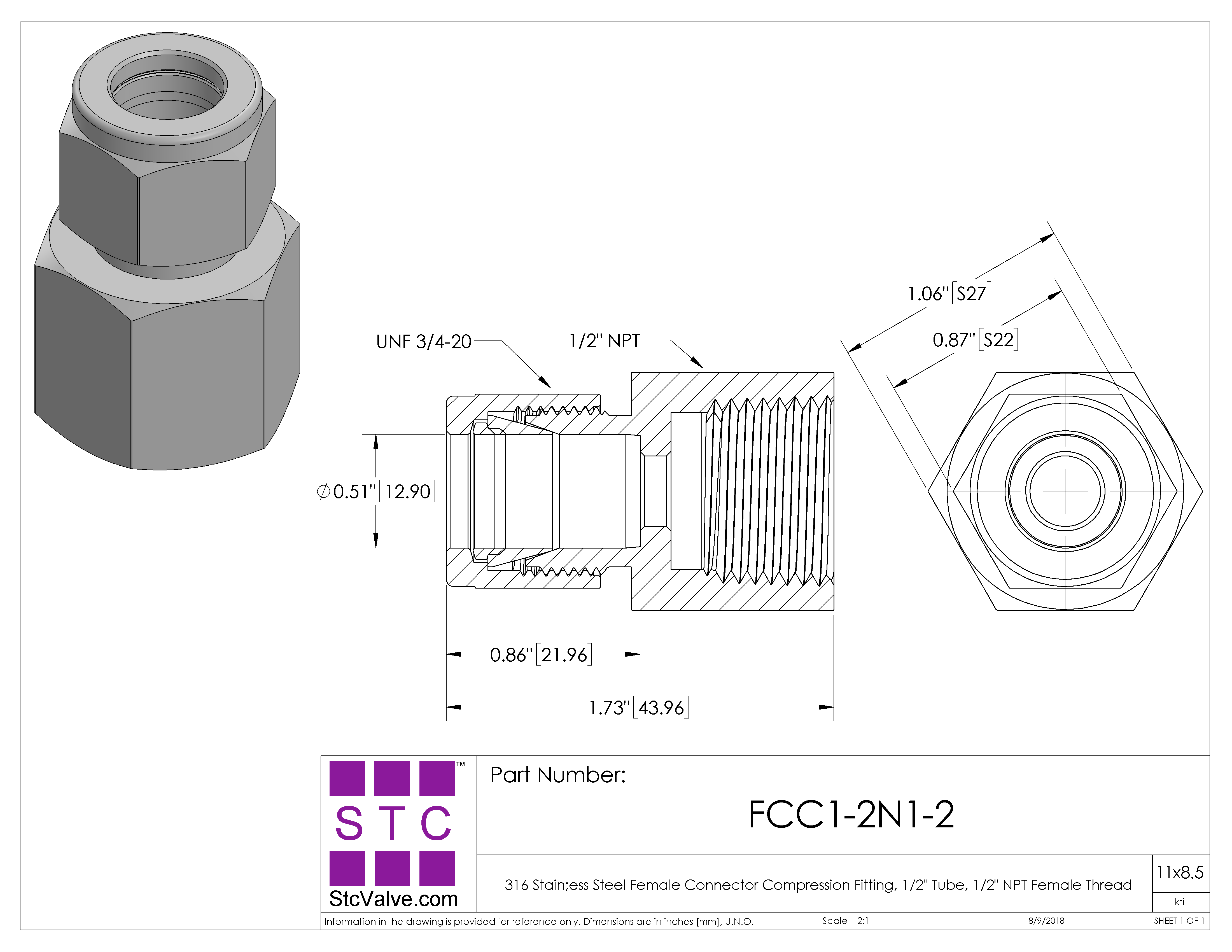 Female Connector SS Compression Fitting FCC 1/2 N1/2