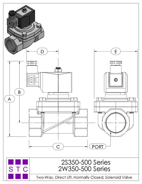 Solenoid Valve Specifications and Dimensions 2S160500 and 2W160500