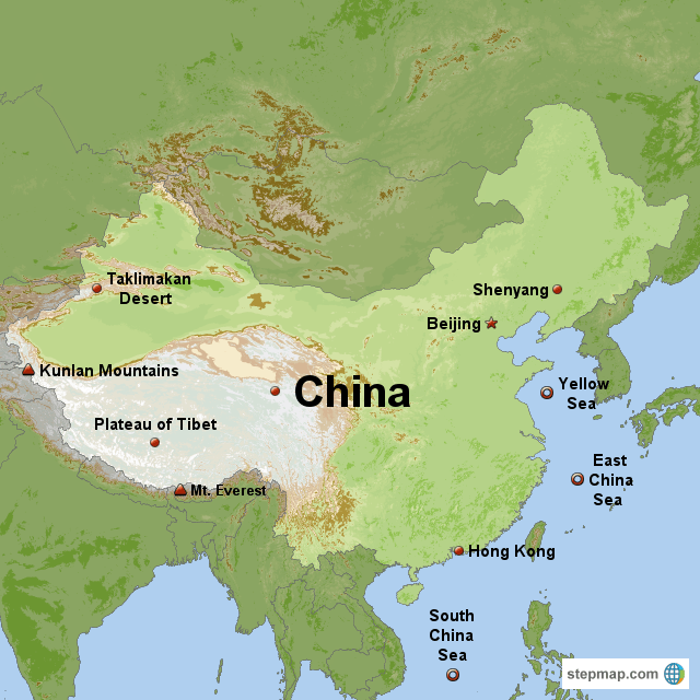 StepMap Chinaphysical Landkarte für China