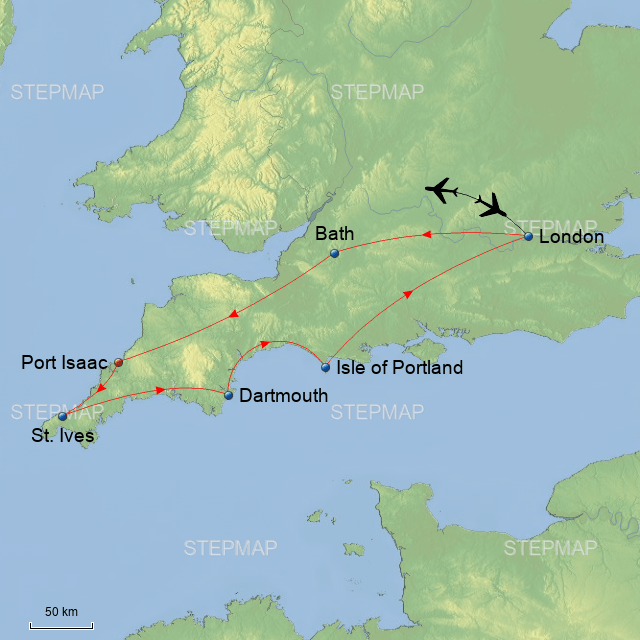 StepMap Cornwall to London Landkarte für Great Britain