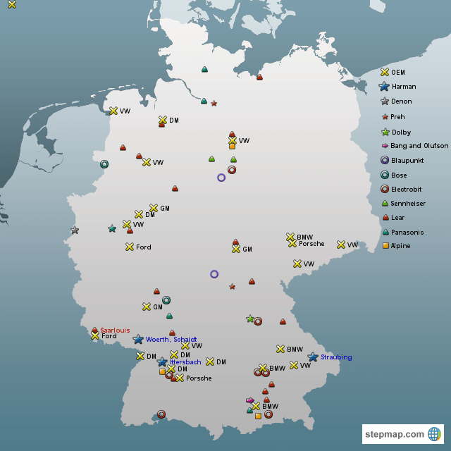 StepMap German Automotive Plants Landkarte für Germany