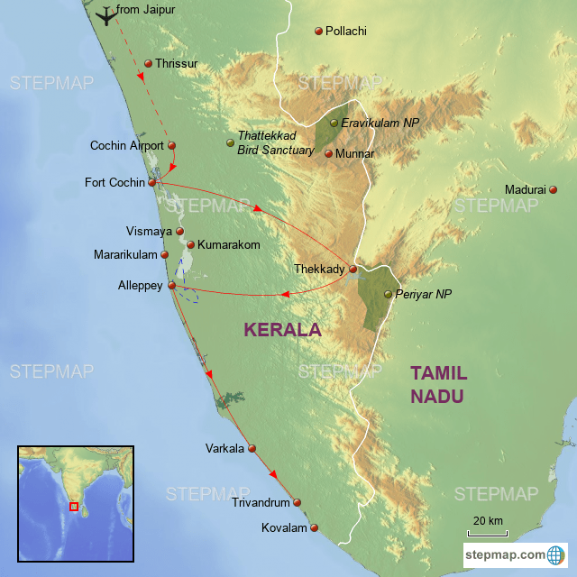 StepMap Kerala and Golden Triangle Landkarte für India
