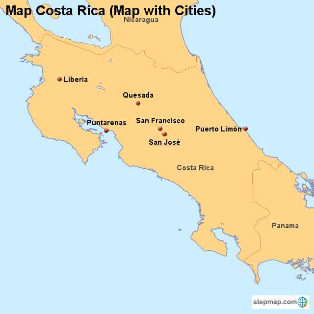 StepMap Map Costa Rica (Map with Cities) Landkarte für Costa Rica