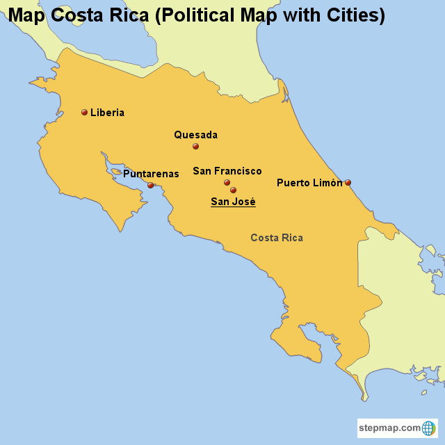 StepMap Map Costa Rica (Political Map with Cities) Landkarte für