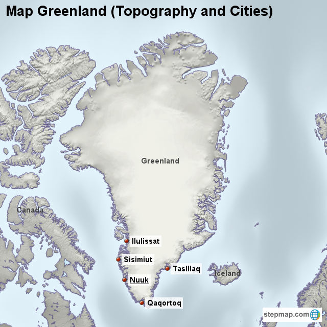 StepMap Map Greenland (Topography and Cities) Landkarte für Greenland