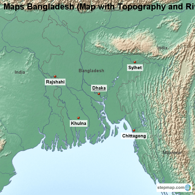 StepMap Maps Bangladesh (Map with Topography and Rivers) Landkarte