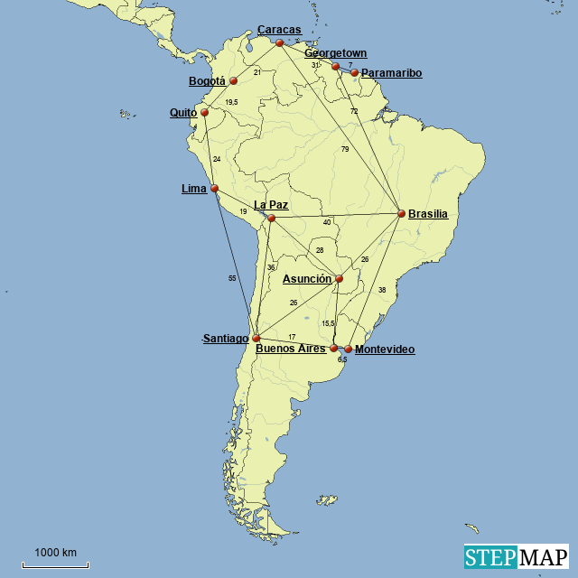 According To The World Map Scale How Many Miles Across Is South America At Its Widest Point StepMap South America Distance Landkarte für South America