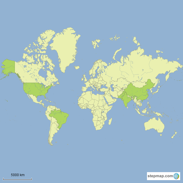 StepMap Top 5 cotton seed producing countries Landkarte für World