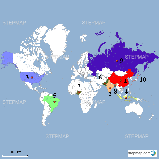 StepMap Top Ten Most Populated Countries