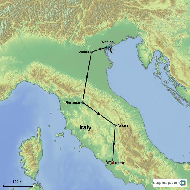 StepMap Venice, Padua, Florence, Assisi, Rome Landkarte für Italy