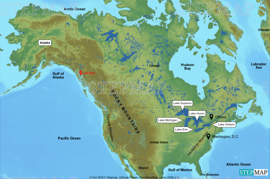 StepMap US, Canada, major water Landkarte für North America