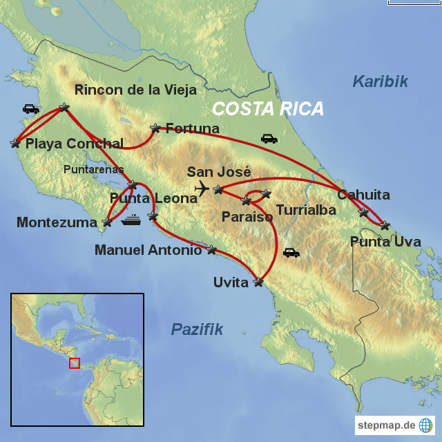 StepMap Costa Rica Rundreise 2013 Landkarte für Costa Rica