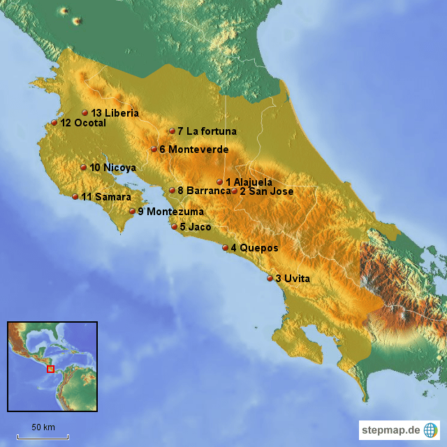 StepMap Route Costa Rica Landkarte für Deutschland