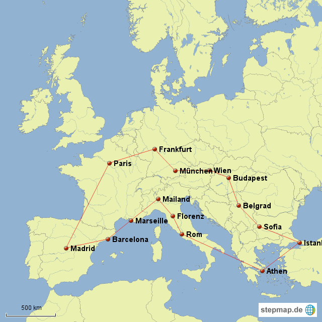 StepMap Route InterRail Landkarte für Deutschland